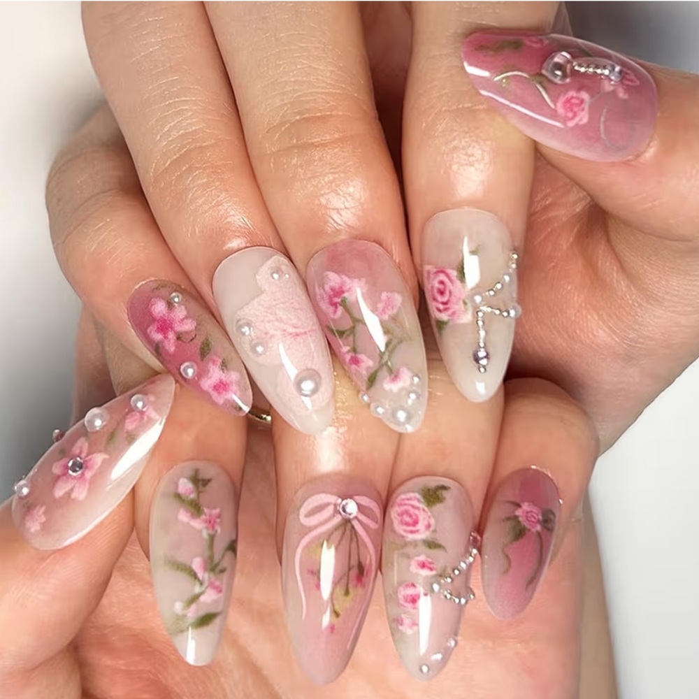 Pink Floral Rhinestone Press On Nails Short Almond,Summer Spring Nails Flowers